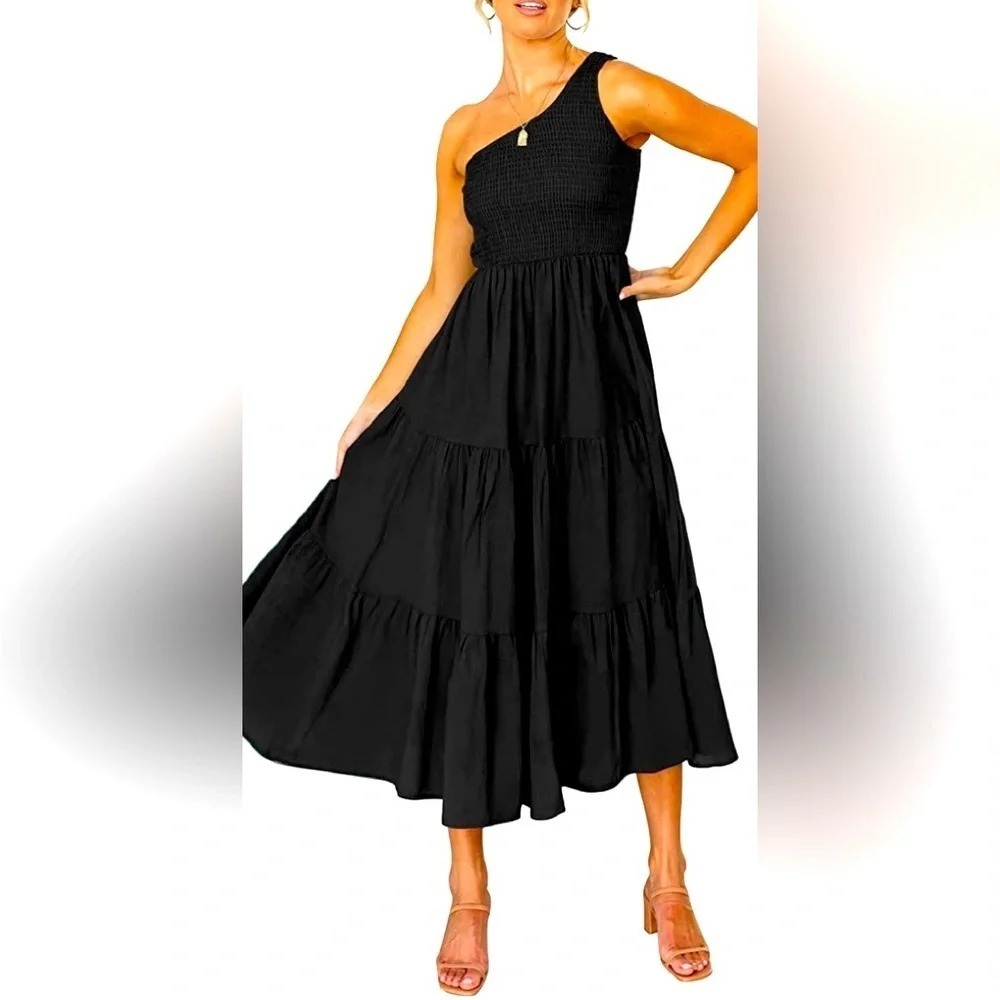 Women's Bohemian One Shoulder Sleeveless Smocked Ruffle Tiered Beach Midi Dress